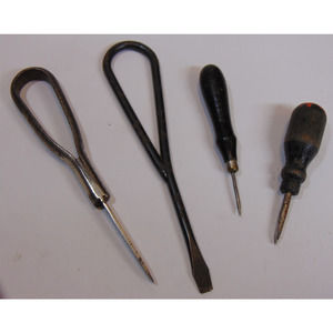 4 Sewing Machine Tools Stiletto Needle Screwdriver Early Antique Metal Wood